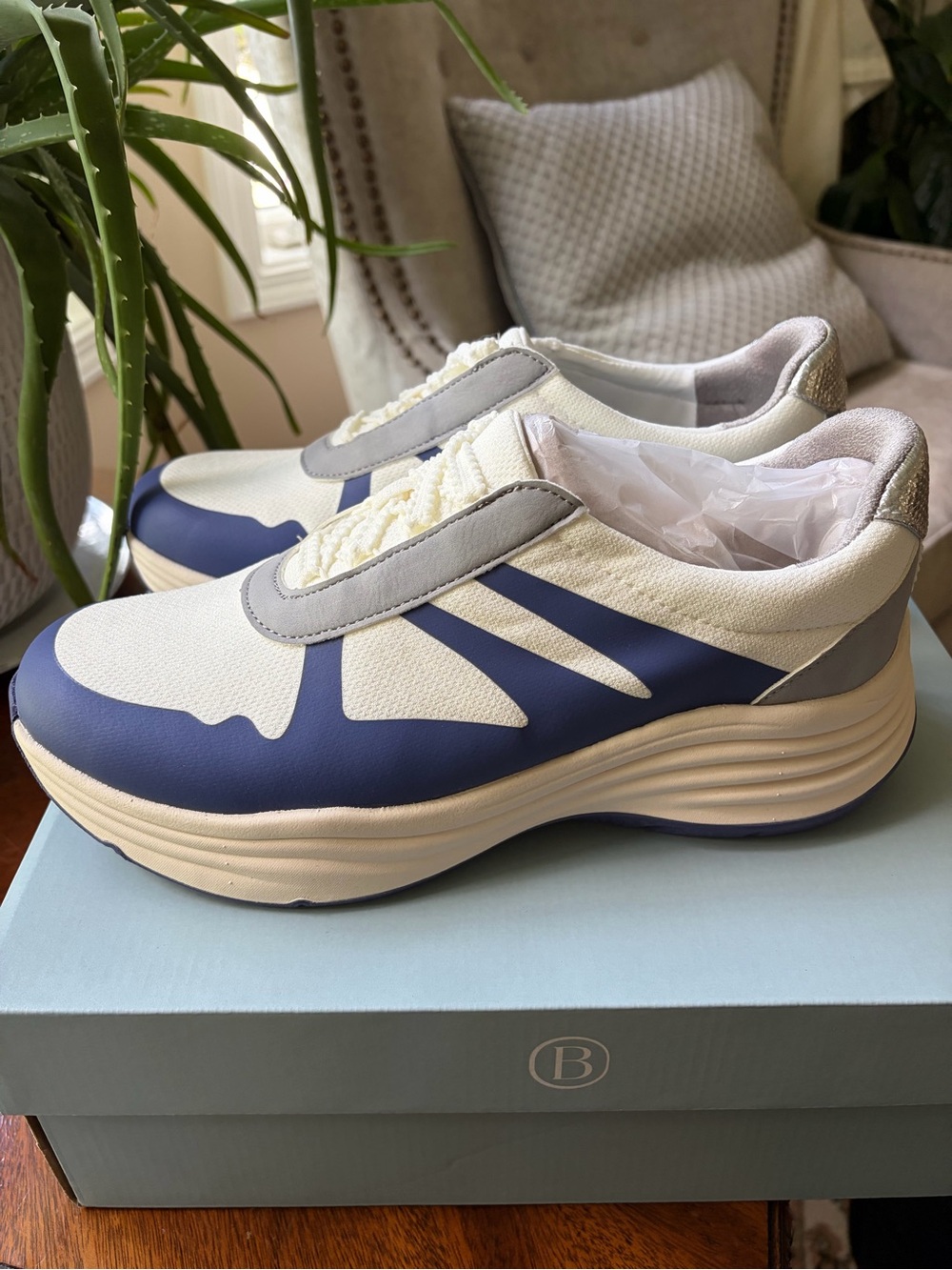 Bzees Women's White and Navy  Air step Athletic Sneakers
